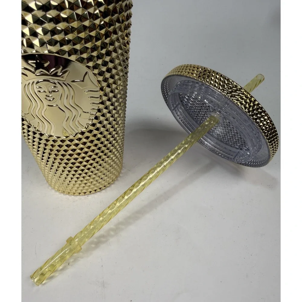 Starbucks Christmas Holiday 2022 Gold Bling Studded Cold Cup Tumbler 16 oz